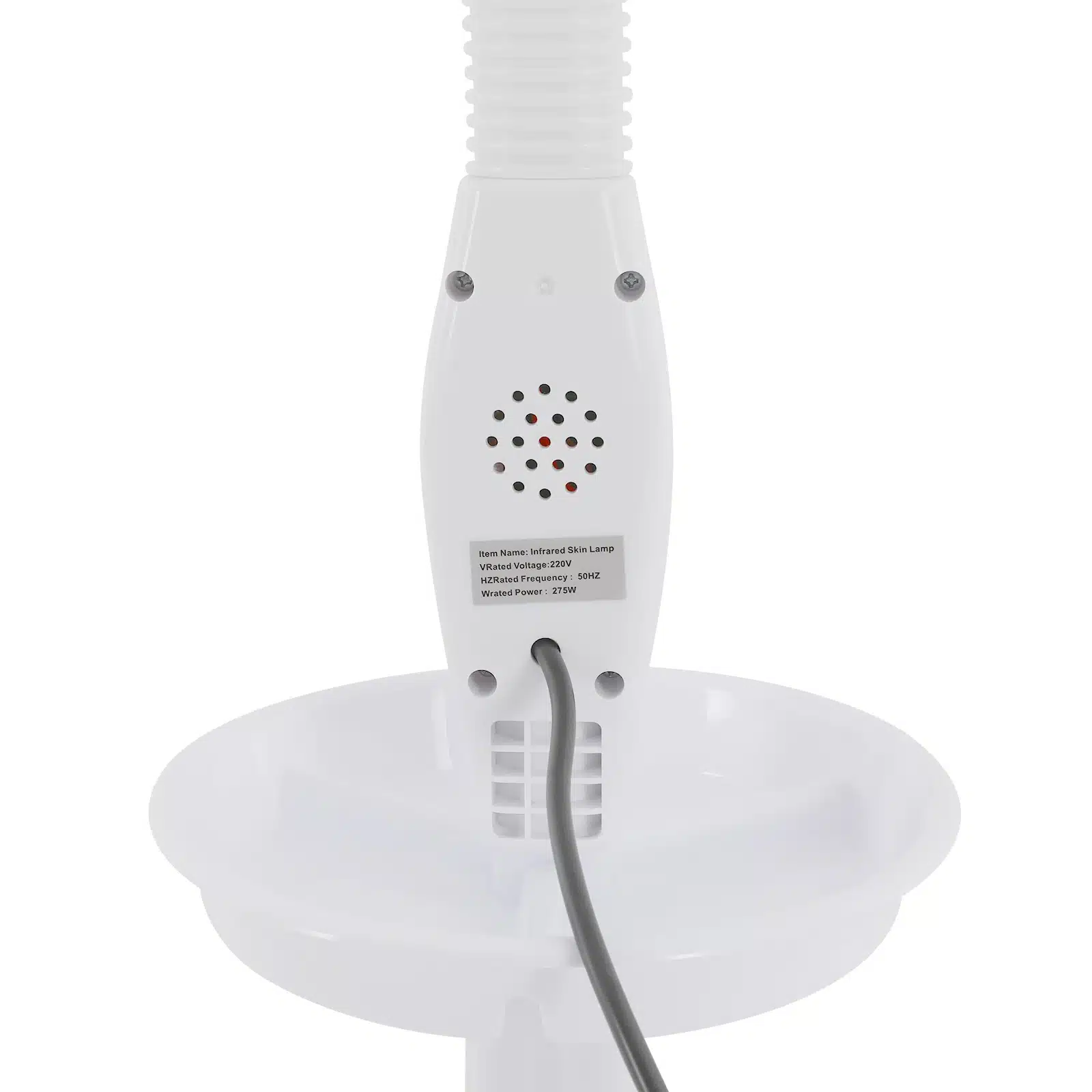 Valge võimas infrapuna füsioteraapia lamp koos kaabli ja ventilatsiooniavadega, kasutamiseks valu leevendamiseks. Lamp on asetatud puhtale, minimalistlikule taustale, võimendades selle funktsionaalset ja elegantset disaini.