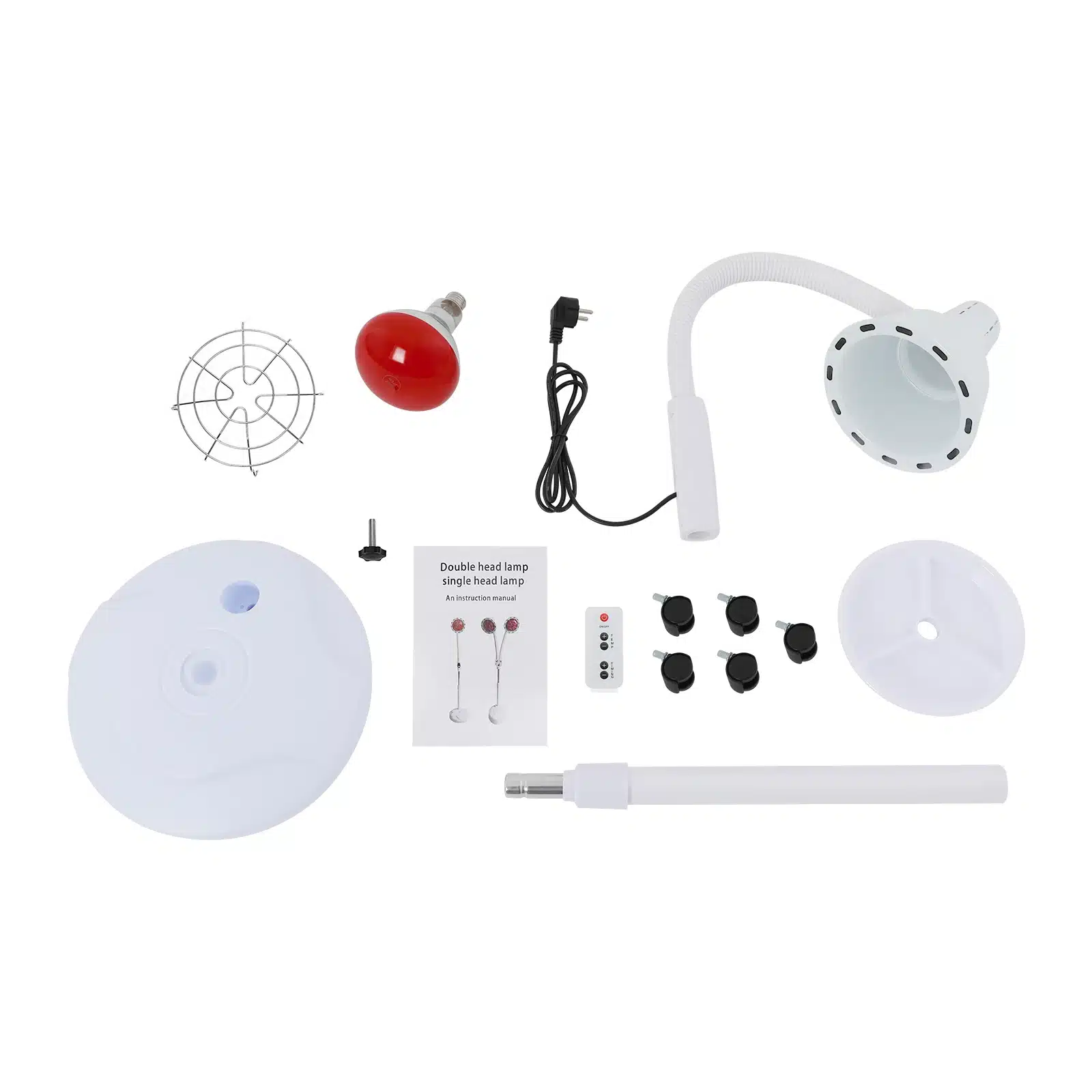 Võimas infrapuna füsioteraapia lamp valu leevendamiseks, mis koosneb mitmest komponendist, sealhulgas punane lambipirn, valge reflektor, juhtmestik, alus ja paigaldusjuhend, asetatud puhtale valgele taustale.