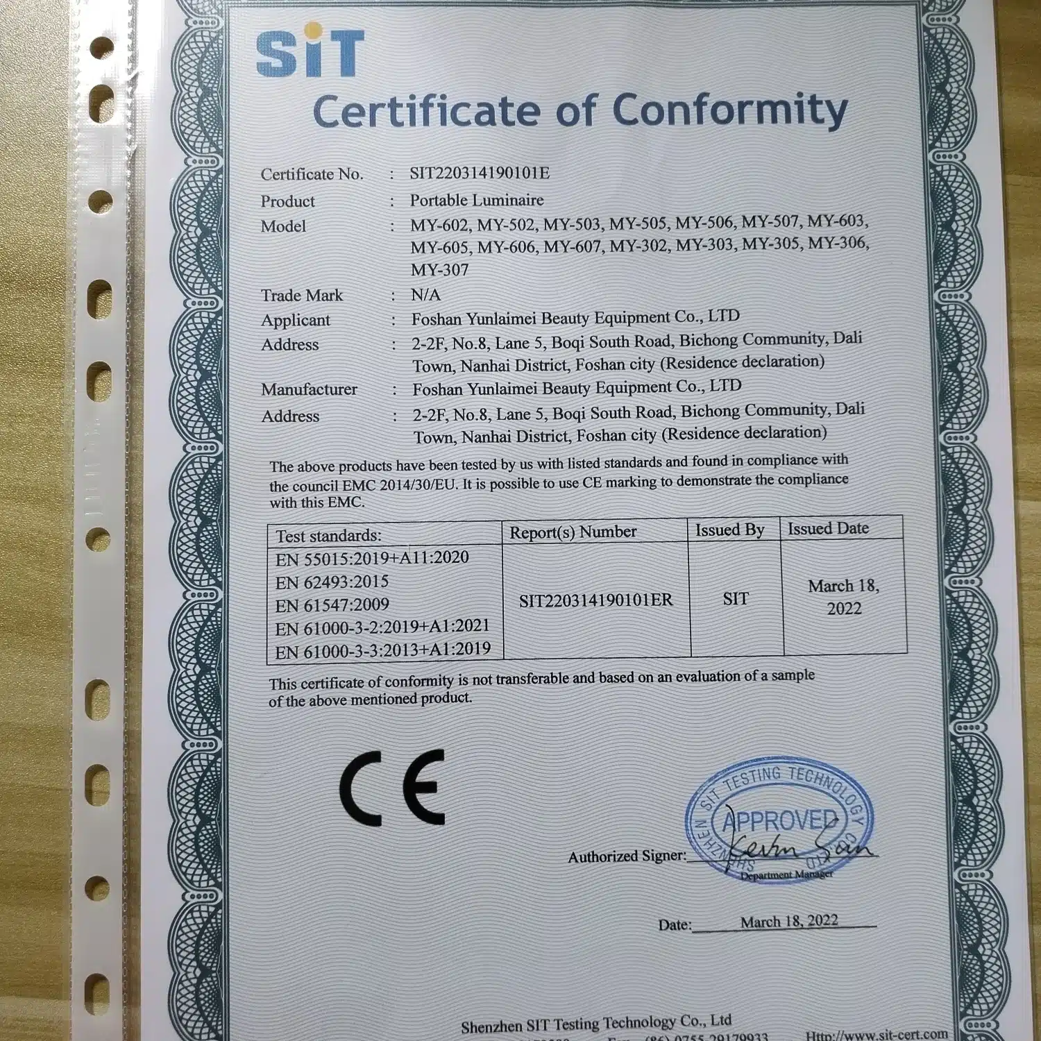 Sertifikaat, mis kinnitab Võimas infrapuna füsioteraapia lamp valu leevendamiseks vastavust Euroopa turvanõuetele.