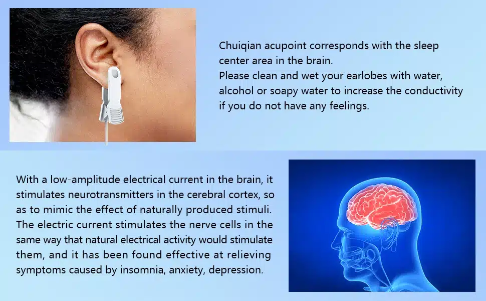 Pilt näitab inimest, kes kannab kõrvas KTS CES stimulatsiooniteraapia aparaati stressi leevendamiseks. Taustal on pilt ajust, mis illustreerib seadme mõju ajutegevusele ja unetuse, ärevuse ning stressi sümptomite vähendamisele.