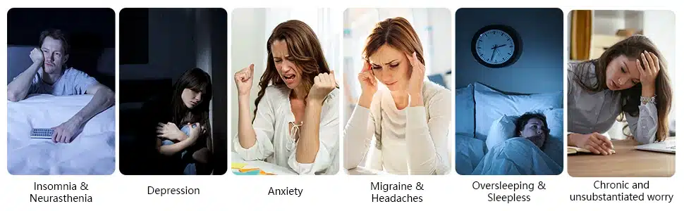 Erinevad stressi ja ärevust väljendavad inimesed: mees unetusega, naine depressiooniga, naine ärevusega, naine migreeni ja peavaluga, mees liialt magamise ja unetusega, naine kroonilise murega. Taustadel on toad ja voodid, valgustus varieerub hämarast heledani.