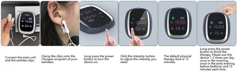 KTS CES stimulatsiooniteraapia aparaat juhtmete ja kõrvaotsikutega, kinnitatud naise kõrva külge, must disain läikiva viimistlusega, esipaneelil juhtnupud ja digitaalne ekraan, asetatud valgele taustale.