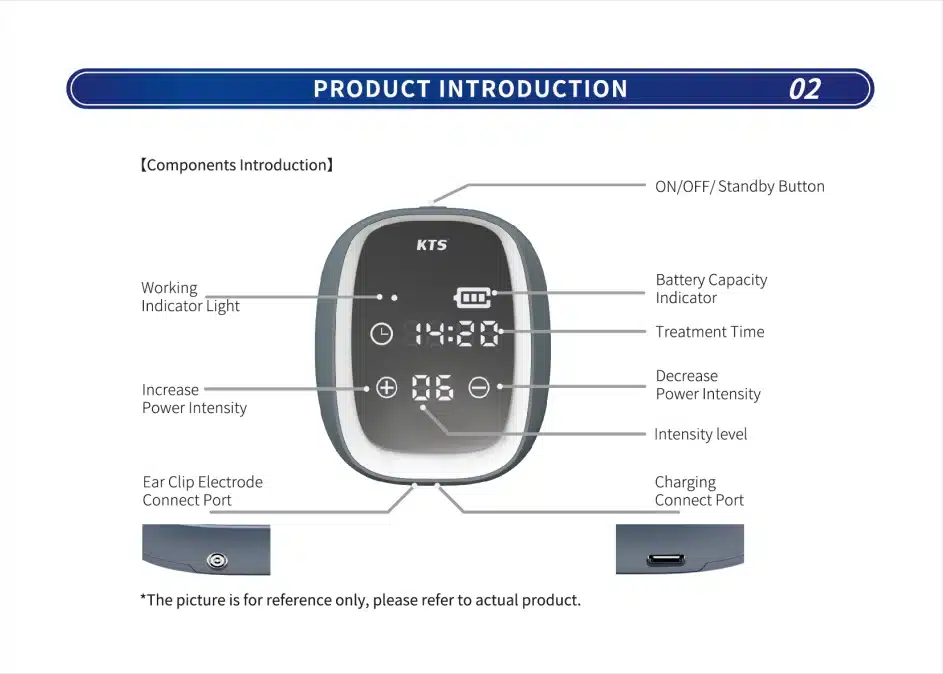 KTS CES stimulatsiooniteraapia aparaat ekraanielementidega, nagu tööindikaator, intensiivsuse reguleerimisnupud ja aku laetuse näidik. Seade on musta ja halli värvusega, kompaktse disainiga.