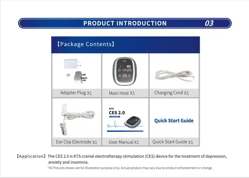 KTS CES stimulatsiooniteraapia aparaat koos pakendi sisuga: adapter, peakorpus, laadimisjuhe, kõrvaklambri elektrood, kasutusjuhend ja kiirjuhend valgel taustal.