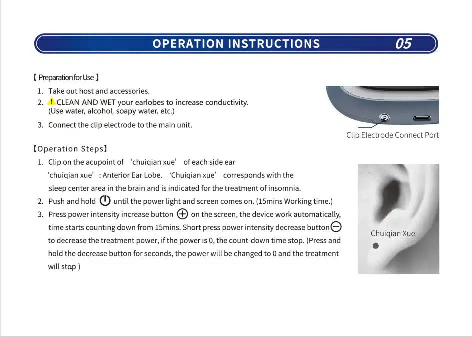 KTS CES stimulatsiooniteraapia aparaat kasutusjuhend. Pildil on inglisekeelne juhend seadme ühendamiseks ja kasutamiseks, samuti kõrva foto, millel on näha Chuqiang Xue punkt. Taust on valge ja juhend sisaldab pealkirja 'Operation Instructions'.