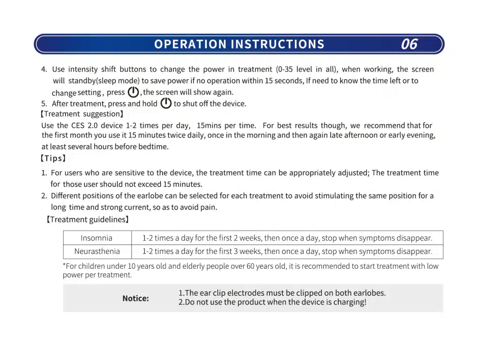 KTS CES stimulatsiooniteraapia aparaadi kasutusjuhend paberil. Juhend selgitab seadme intensiivsuse reguleerimist, ekraani puhkeolekusse lülitumist, ja ravisoovitusi stressi ja unetuse leevendamiseks.