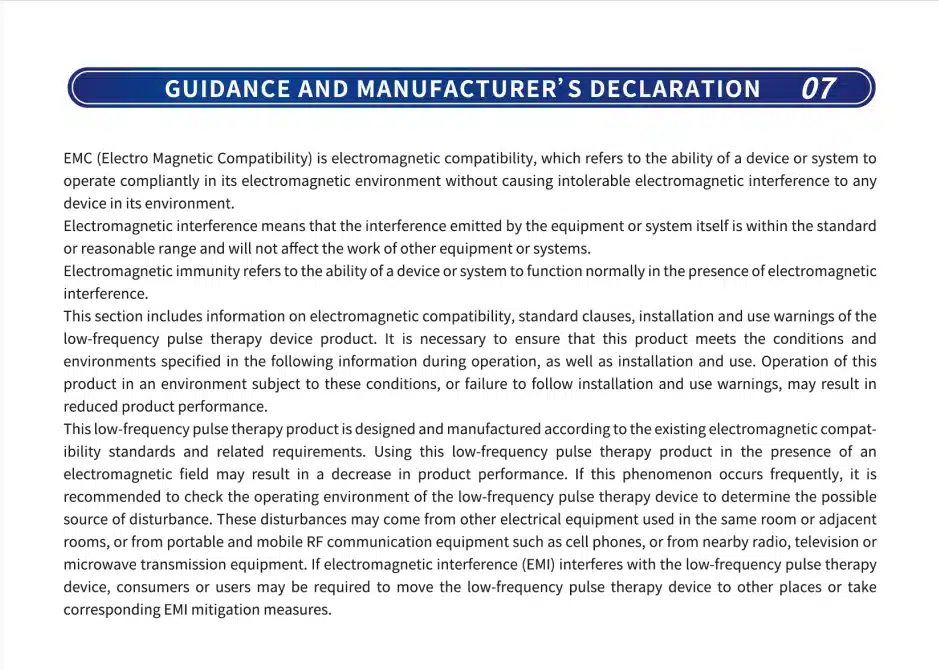 KTS CES stimulatsiooniteraapia aparaadi dokumentatsioon, tekst tutvustab elektromagnetilist ühilduvust ja seadme kasutamise juhiseid.