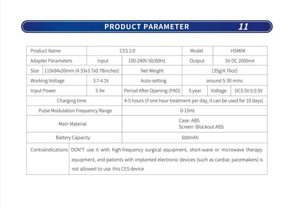 KTS CES stimulatsiooniteraapia aparaat koos tehniliste parameetrite tabeliga, mis sisaldab mudelit, suurust, laadimisaega, ja muude tehniliste näitajate kirjeldust valgel taustal. Sobib ärevuse, stressi ja unetuse raviks.