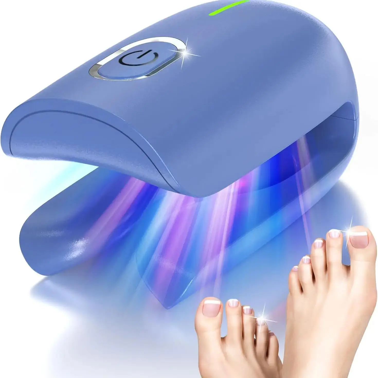 Sinine efektiivne laserteraapia seade küüneseene raviks, mille LED-tuled suunavad ravi inimese varvastele valgel taustal.