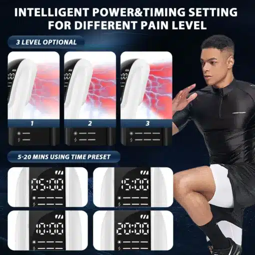 Professionaalne külmlaserteraapia seade lihas- ja liigesevalu leevendamiseks | E-pood Tootemaailm Professionaalne külmlaserteraapia seade erineva valu leevendamiseks kolme võimsustaseme ja ajastuse seadistustega. Ekraan näitab kuni 20-minutilist aega. Seadme kõrval istub sportlik mees mustas trikoos.