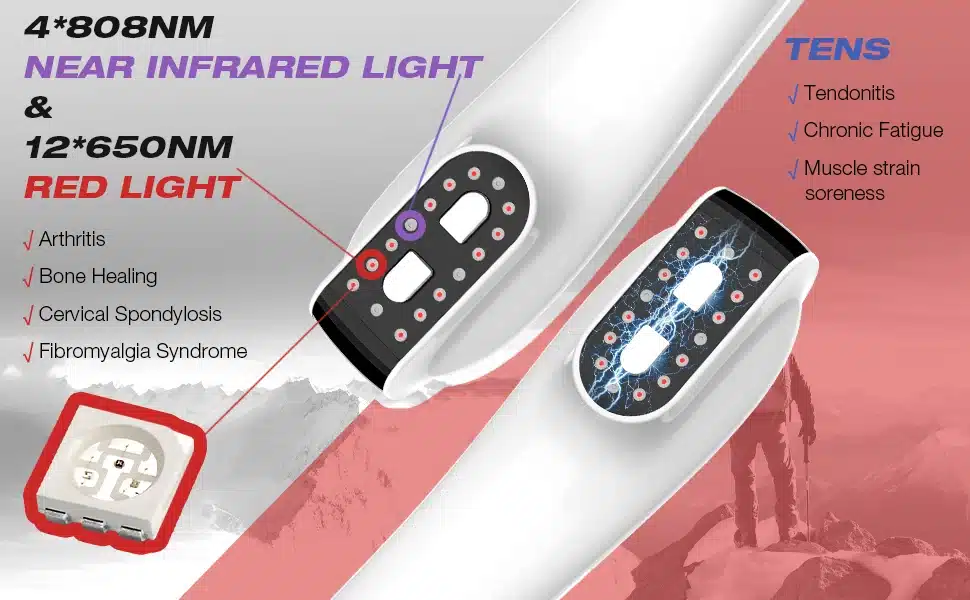 Professionaalne külmlaserteraapia seade, mis kuvab 808NM infrapuna- ja 650NM punast valgust, sobib lihas- ja liigesevalu leevendamiseks. Seade on valge, ergonoomilise disainiga, ja sellel on esile tõstetud valgusallikad ning potentsiaalsed kasutusalad, nagu artriit ja krooniline väsimus.