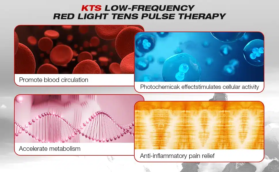 Graafiline kujutis, mis illustreerib Professionaalse külmlaserteraapia seadme eeliseid: verevarustuse parandamine punaste vereliblede kujul, rakkude aktiivsuse stimuleerimine sinise molekulaarse taustaga, ainevahetuse kiirendamine DNA kujutisega ja põletikuvastane valu leevendamine oranži energiafooniga.