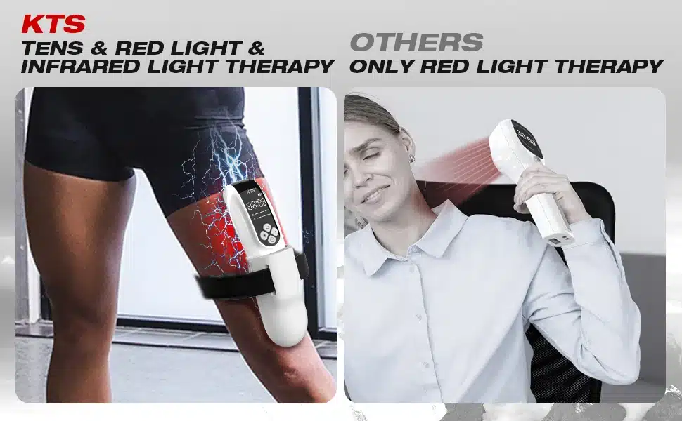 Professionaalne külmlaserteraapia seade, mida kasutatakse reielihasele ja kaelale. Pildil näidatakse erinevaid valgusefekte ja seadme multifunktsionaalsust.