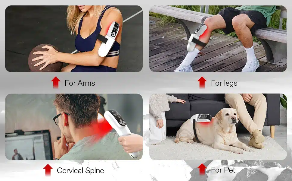 Pilt näitab professionaalset külmlaserteraapia seadet rakendatuna erinevatele kehapiirkondadele: kätele, jalgadele, kaelale ja isegi lemmikloomale. Iga kasutusjuhend on näidatud eraldi pildina, taustal on erinevad sise- ja väliskeskkonnad, mis rõhutavad seadme mitmekülgsust ja kasutusmugavust.