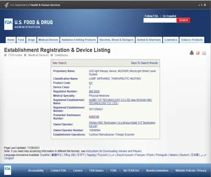 FDA veebilehe ekraanikuva, mis näitab toote registreerimise ja seadme loetelu lehte, sisaldades LED valgusravi seadme andmeid koos tootja ja seadmeklassi teabega.