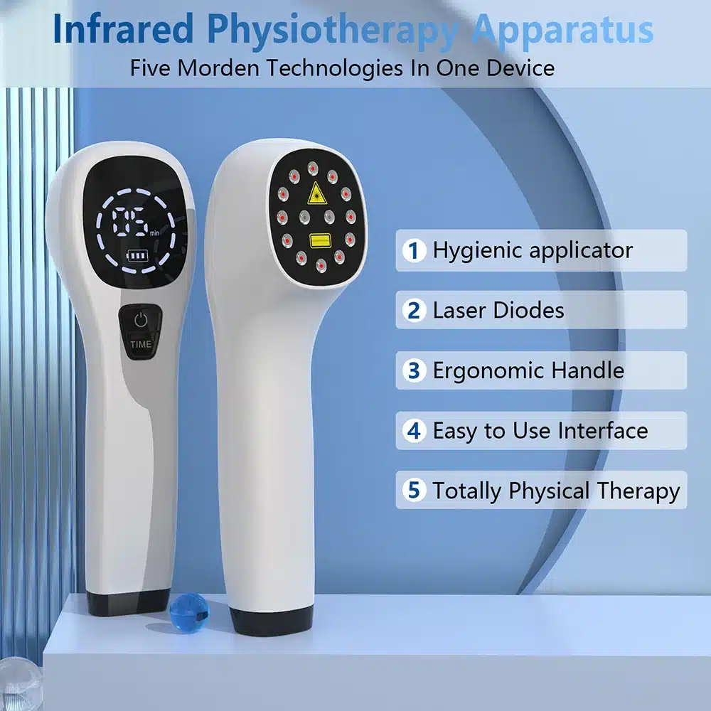 Kodune füsioteraapia seade artriidi raviks ja valude leevendamiseks, valge korpusega ja digitaalsete ekraanidega, sinisel taustal näidatud, esiplaanil lasersensorid, ergonoomiline käepide ja lihtne juhtpaneel.