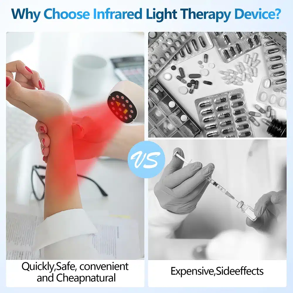 Kodune füsioteraapia seade artriidi raviks ja valude leevendamiseks vilgub punase valguse all, suunatud inimese randmele. Taustal on nähtavad mõned prillid ja erinevad tervishoiutooted.