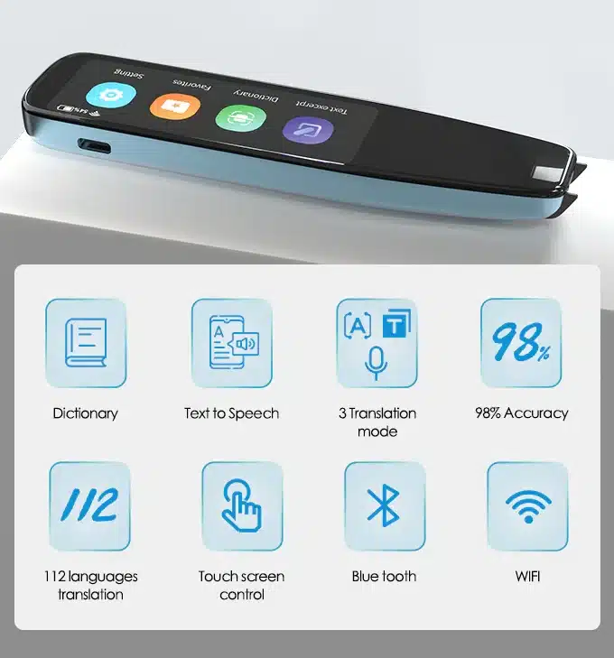 Intelligentne ja võimas PRO tõlkepliiats musta ja helesinise korpusega, kuvab ekraanil valikud nagu sõnastik ja tekst kõnesse, asetatud valgele pinnale, taustal toodet tutvustavad ikoonid ja tekstid 98% täpsust, 112 keele tõlge ja puutetundlik juhtimine.