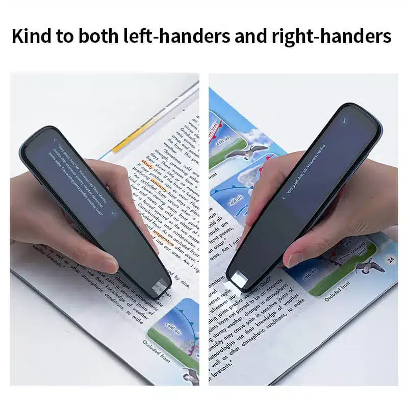 Isik kasutab Intelligentset ja võimsat PRO tõlkepliiatsit raamatu tekstist sõnade tõlkimiseks. Pilt näitab, kuidas pliiats tõlgib vasaku ja parema käega, olles musta värvi ja kaasaegse kujundusega.