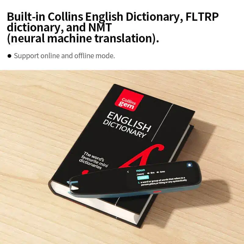 Laual olev must inglise keele sõnastik ja Intelligentne ja võimas PRO tõlkepliiats. Tõlkepliiatsil on ekraan, mis näitab sõna 'noun' tähendust.