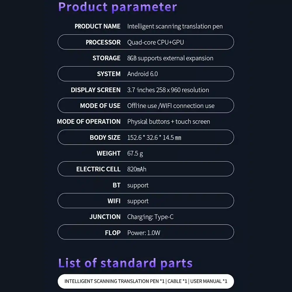 Nutikas tõlkepliiats - 142 keelt toodete parameetrite tabel, sealhulgas protsessor, mälu ja muud tehnilised spetsifikatsioonid tumedal taustal.