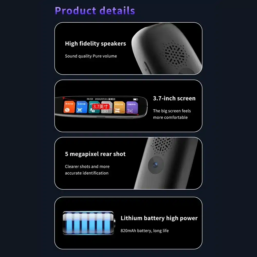 Nutikas tõlkepliiats - 142 keelt ekraaniga, mis kuvab erinevaid funktsioone 3.7-tollisel ekraanil, kvaliteetse heliesitusega kõlarid, viiemegapiksline tagakaamera ja pika tööeaga liitiumaku tumedal taustal.