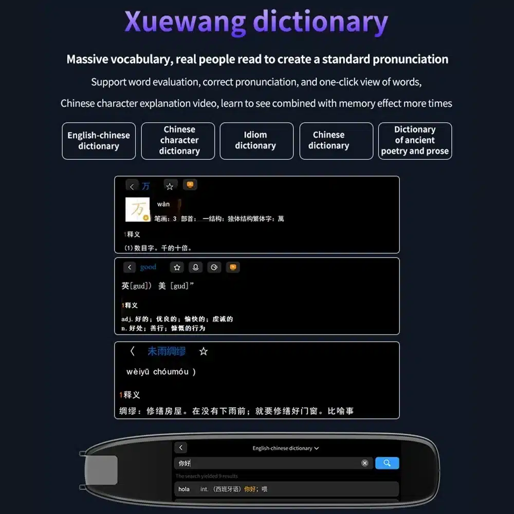 Nutikas tõlkepliiats - 142 keelt, kuvatud ekraanil erinevad sõnaraamatufunktsioonid ja tõlked, tume taust.