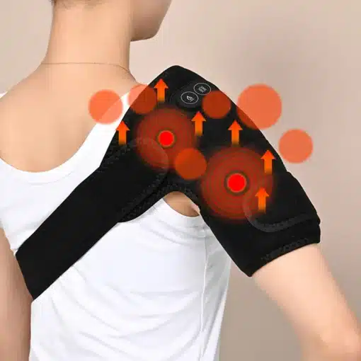 Soodne õla või põlvesoojendaja valude leevendamiseks | E-pood Tootemaailm Inimesel on õlale kinnitatud must soojendav seade, mis kiirgab punaseid ja oranže valguslaineid, märkides leevendust valule. Taust on hele ja neutraalne, rõhutades toote mugavust ja praktilisust.