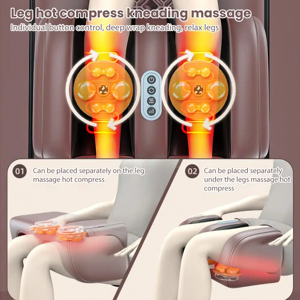 Kaasaegne pruun multifunktsionaalne kogu keha massaazimadrats koos jalgade soojendava survesõlmede süsteemiga ning individuaalse nupuga juhtpaneeliga hallil taustal.