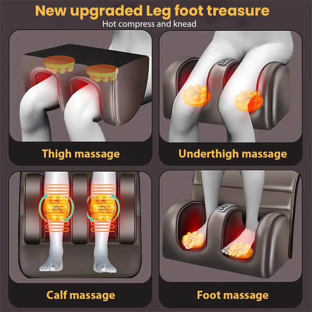 Multifunktsionaalne kogu keha massaazimadrats, mis demonstreerib reie, sääre ja jalamassaaži funktsioone. Pildil on näha, kuidas madrats erinevate osade joondamise ja soojendava kompressiooniga leevendab lihaspingeid.