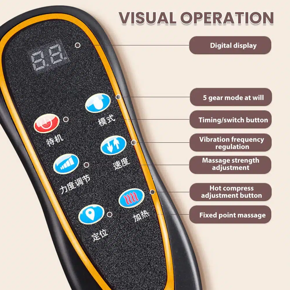 Multifunktsionaalse kogu keha massaažimadratsi juhtpult koos digitaalse ekraani ja erinevate režiimide nuppudega. Juhtpult on musta ja oranži värvi ning asub heledal taustal.