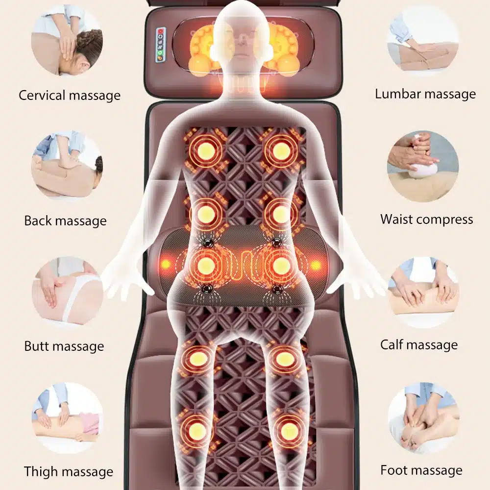 Multifunktsionaalne kogu keha massaazimadrats pruunil taustal, mis näitab erinevaid massaažifunktsioone keha erinevatele piirkondadele koos kuumendusefektidega.