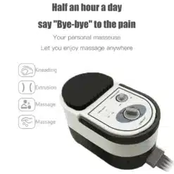 Soodne õhusurve massaaziseade trombide ja veenilaiendite raviks, halli ja musta värvi, kahe juhtnupuga jõuline kaasaegne seade heleda tausta ees.