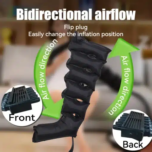 Pilt kujutab suurt musta õhusurve massaaziseadet, millel on reguleeritavad osad ja näidatud õhuvoolu suunad. Seade on suunatud trombide ja veenilaiendite raviks, asub mugavas sisekeskkonnas.