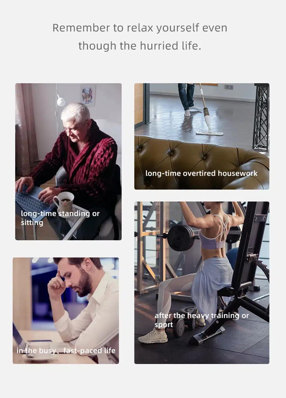 Neli pilti erinevate igapäevaeluga seotud tegevuste kohta. Vanem mees, kes töötab sülearvutiga, inimene puhastamas põrandat, naine jõusaalis seadmena ja mees, kes näeb välja stressis laua taga. Kõik need olukorrad illustreerivad vajadust koduse füsioteraapia seadme järele, et parandada verevarustust ja leevendada jalavalusid.