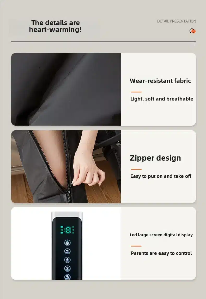 Kolm detailset pilti näitavad õhusurvega massaažiseadet jalgadele veenilaiendite raviks. Esimesel pildil on tumedast kangast seade, mis on kulumiskindel, kerge, pehme ja hingav. Teisel pildil on näha käsi, mis sulgeb tõmblukuga seadme, mis on lihtne selga panna ja ära võtta. Kolmandal pildil on suur digitaalne LED-ekraan, mida on lihtne kasutada.