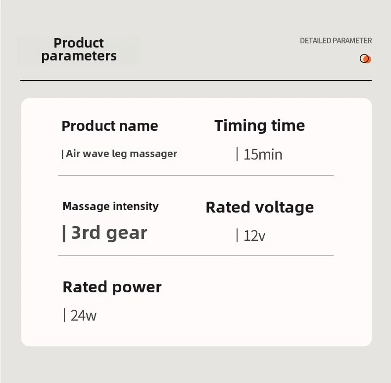 Tootetabel, mis kirjeldab õhusurvega massaažiseadme parameetreid: tootenimi, ajastus 15 minutit, massaažiintensiivsus kolmas tase, nimipinge 12 voldi ja nimivõimsus 24 vatti.