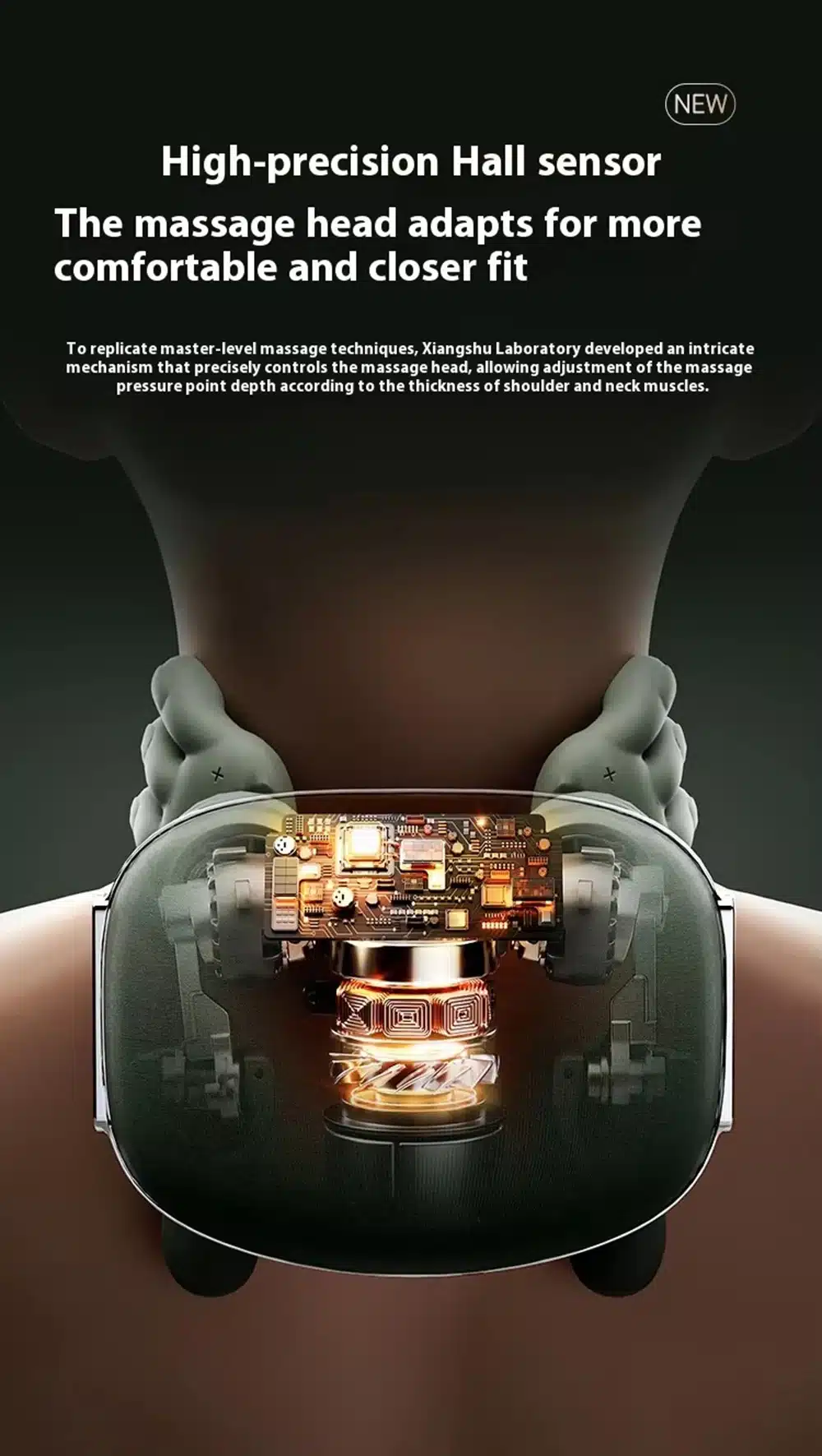 Kvaliteetne õla- ja kaelamassaaži aparaat, millel on täpset Halli sensorit kasutav massaažipea, mis kohandub mugava ja tiheda istuvuse tagamiseks. Aparaat on paigutatud inimese kaelale, millest avaneb vaade selle sisemisele mehhanismile uduse taustaga.