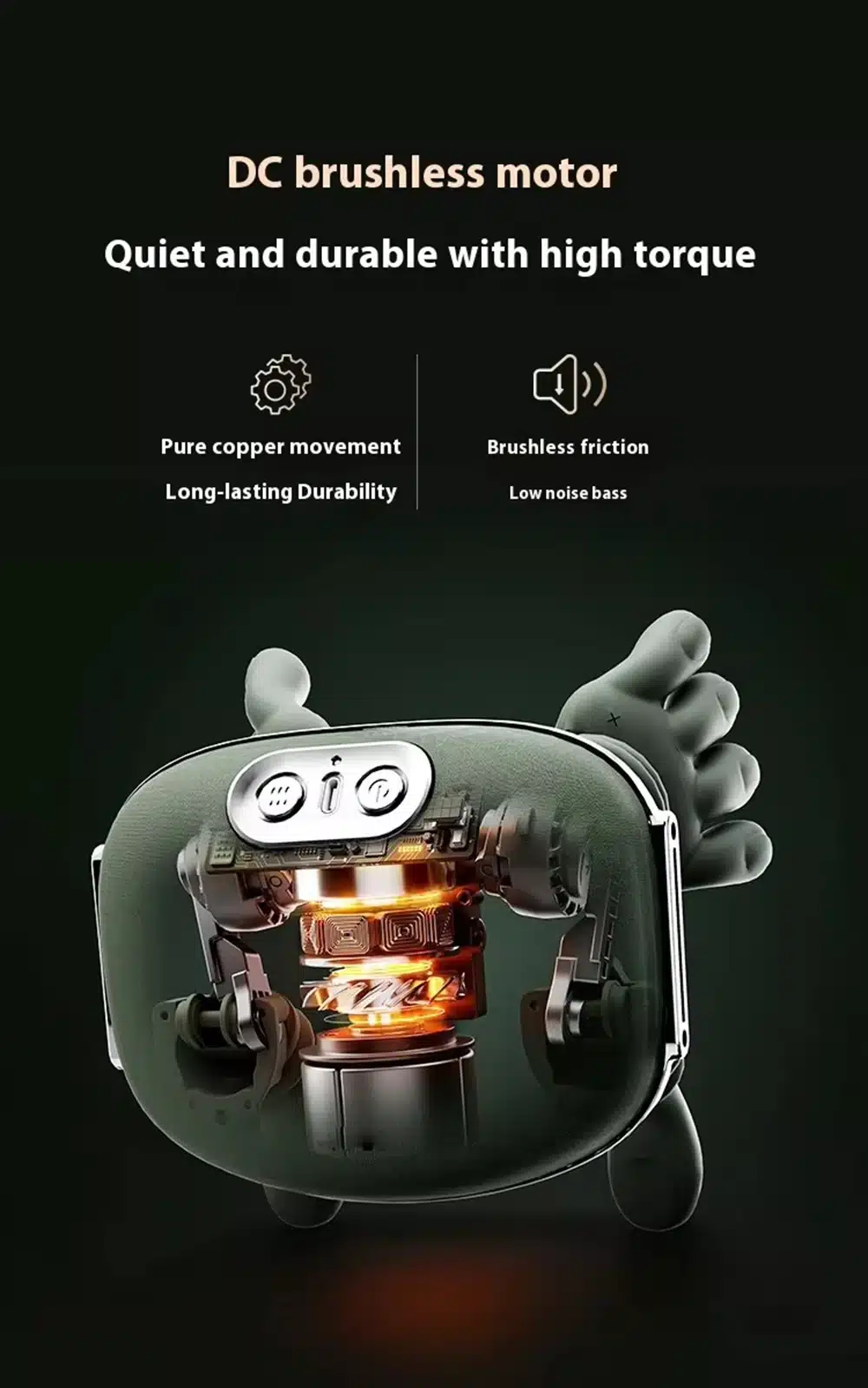 Kvaliteetne õla- ja kaelamassaaži aparaat koos läbipaistva korpusega, mis näitab mootori mehhanismi - puhas vaskliikumine ja harjavaba hõõrdumine, hall taust.