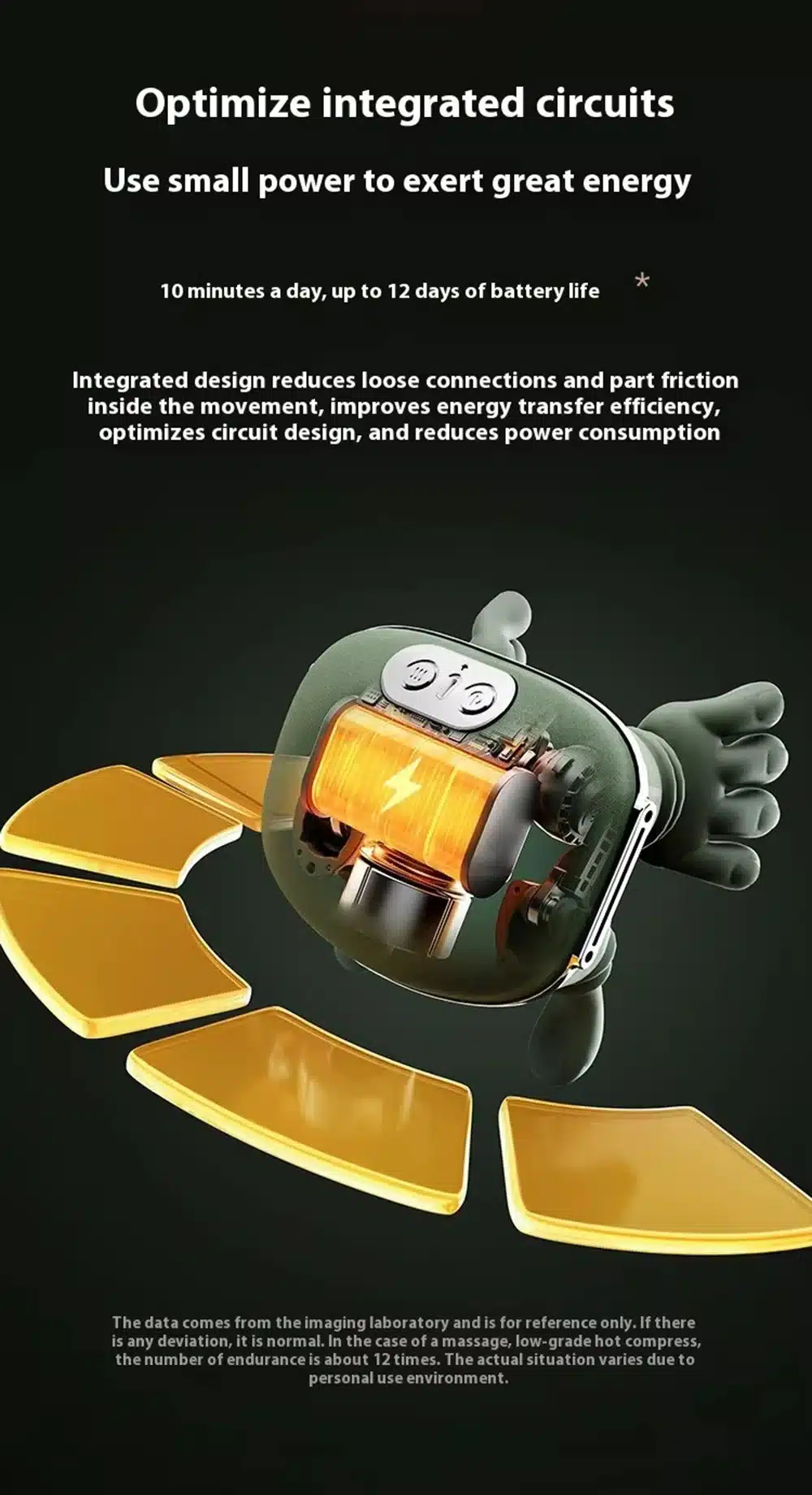 Kvaliteetne õla- ja kaelamassaaži aparaat, mis koosneb integreeritud elektroonikakomponentidest ja kuldset värvi energiaplaatidest. Aparaat on mustal taustal, näidates seesmist mehhanismi, sh laadimisaku ja vooluringi.