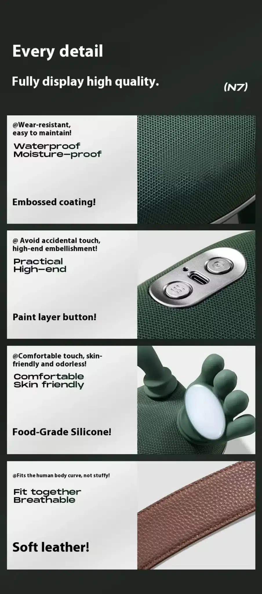 Kvaliteetne õla- ja kaelamassaaži aparaat tumeda taustaga, millel on näha veekindel ja niiskuskindel embosseeritud kattega materjal, praktiline juhtnuppude paigutus ning toiduainetele ohutu silikoon. Pehme nahk, mis järgib inimkeha kõverusi, pakub hingavat ja mugavat kasutust.