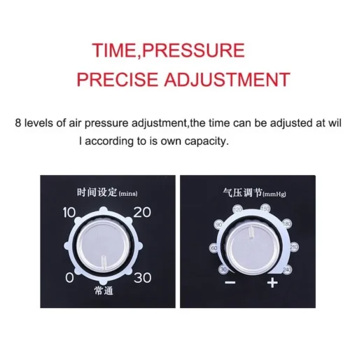 Efektiivne pressoteraapia lümfidrenaažimasin koos kahe keeratava nupuga, mis võimaldavad reguleerida õhurõhku ja seansi kestust, musta tausta ja valgete numbritega.