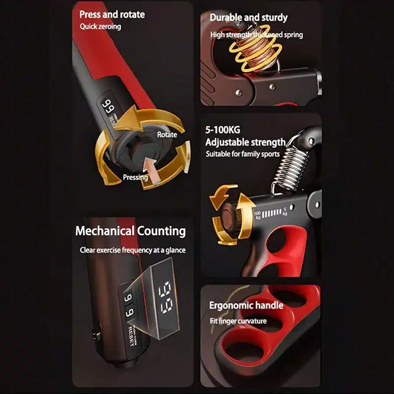 Eriti võimas ja efektiivne käe- ja sõrmelihaste treenija musta ja punase värvilahendusega. Näidatud on mehhanismi detailid nagu käepide, vedru ja mehaaniline loendur.