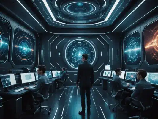 Futuristlik juhtimiskeskus rohkete ekraanidega