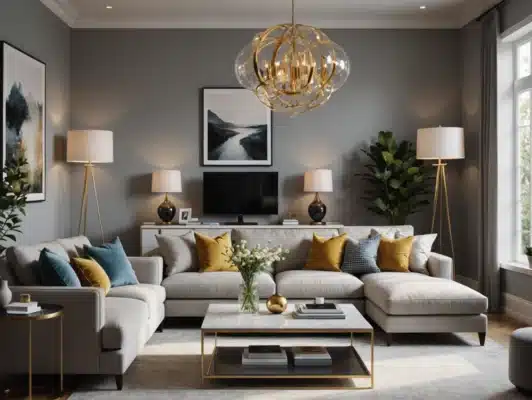 Stiilne elutuba kaasaegsete laelampidega