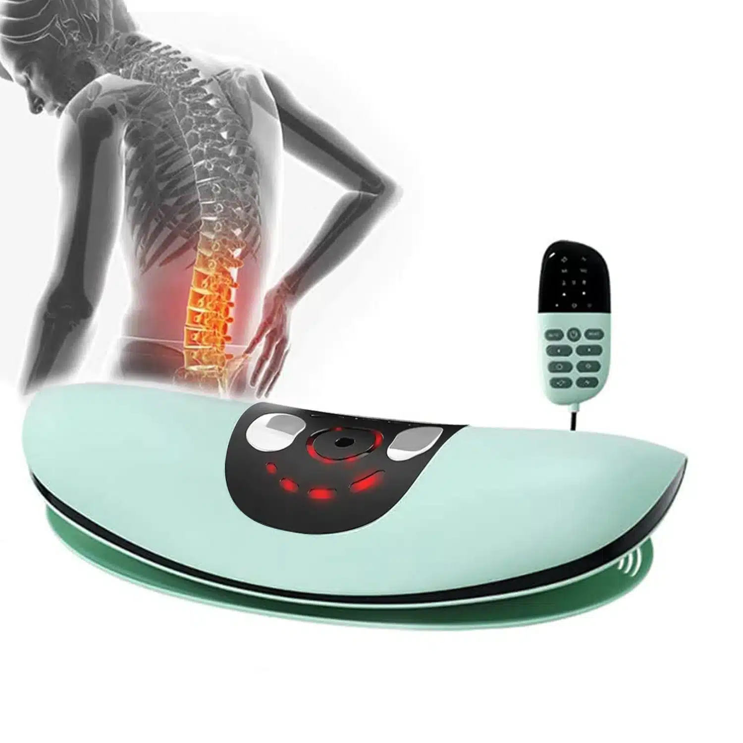 Efektiivne nimmelülide massaazi aparaat koos juhtpuldiga valgel taustal. Seade on elegantne ja ergonoomiline, musta ja helesinise värviskeemiga, tähistatud punaste valgustite ja digitaalsete seadistustega. Taustal paistab graafiline pilt inimese nimmelülidest, rõhutades valu leevendust.