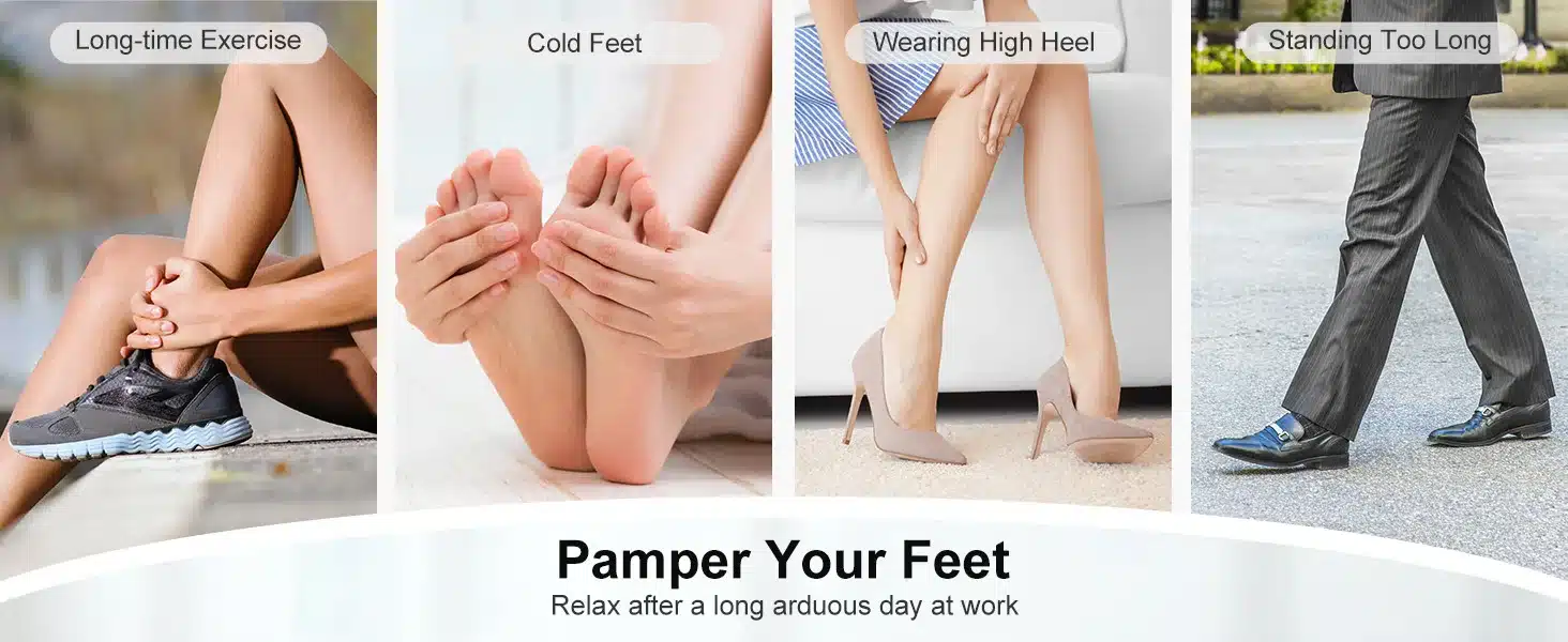 Neli erinevat olukorda: inimene spordijalatsites pärast pikka treeningut, inimene külmi jalgu soojendamas, naine kõrgetes kontsades jalga hõõrumas ja mees ametlikus riietuses pikki tunde püsti seismas. Kõik nad vajavad lõõgastust, mida pakub soojendusega Shiatsu jalamassaažimasin.