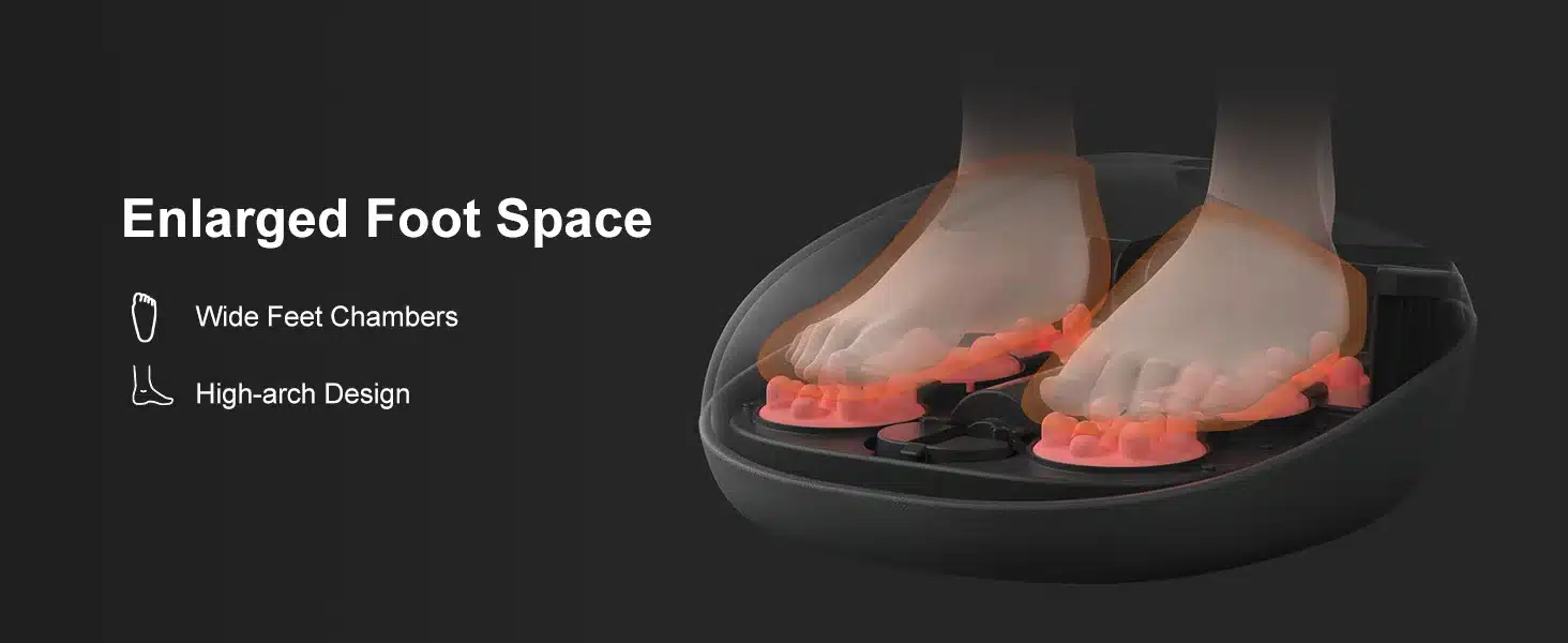 Jalad, mis asetatakse musta värvi shiatsu jalamassaažimasinasse, millel on suurem jalaruum ja kõrge võlviga disain. Masin pakub soojendavat efekti lõõgastumiseks.