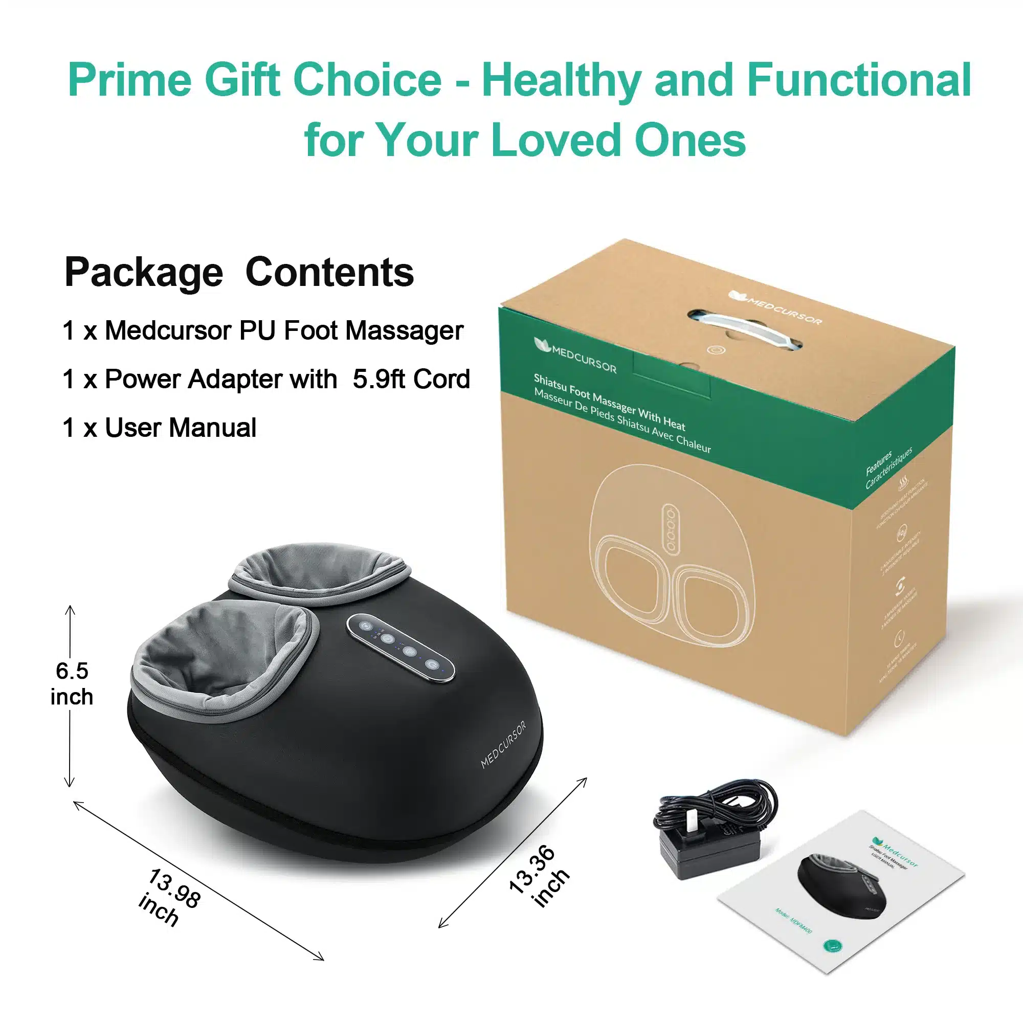 Lõõgastav soojendusega Shiatsu jalamassaažimasin koos karbi ja lisatarvikutega, sealhulgas toiteadapter ja kasutusjuhend. Seade on musta värvi, valmistatud pehmest materjalist ning pakitud stiilsesse roheline-pruuni karpi valgel taustal.