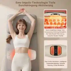 Naeratav naine lamab matil, selja all efektiivne puldiga EMS seljamassaaži aparaat, mis kiirgab soojust. Taust on hele ja rahulik, luues rahuliku ja lõõgastava atmosfääri. Aparaat on hele ja kompaktne, ideaalne kasutamiseks koduses keskkonnas.